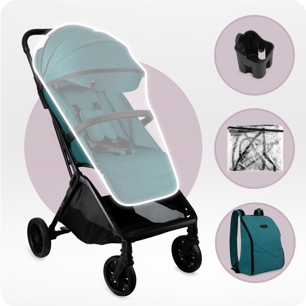 MoMi ANDREA – Buggy mit Automatik-Faltung, Drehbügel, Zubehör inklusive – Türkis