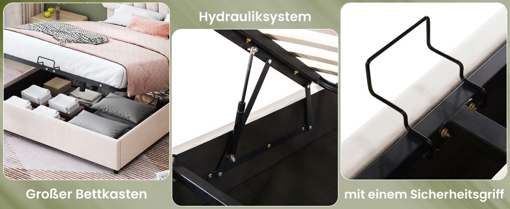 okwish Jugendbett Boxspringbett Polsterbett 140 x 200 cm mit verstellbares Kopfteil in geblümtemform und Lattenrost, Hydraulisches Stauraumbett mit Bettkasten Stauraum(Ohne Matratze)- Beige