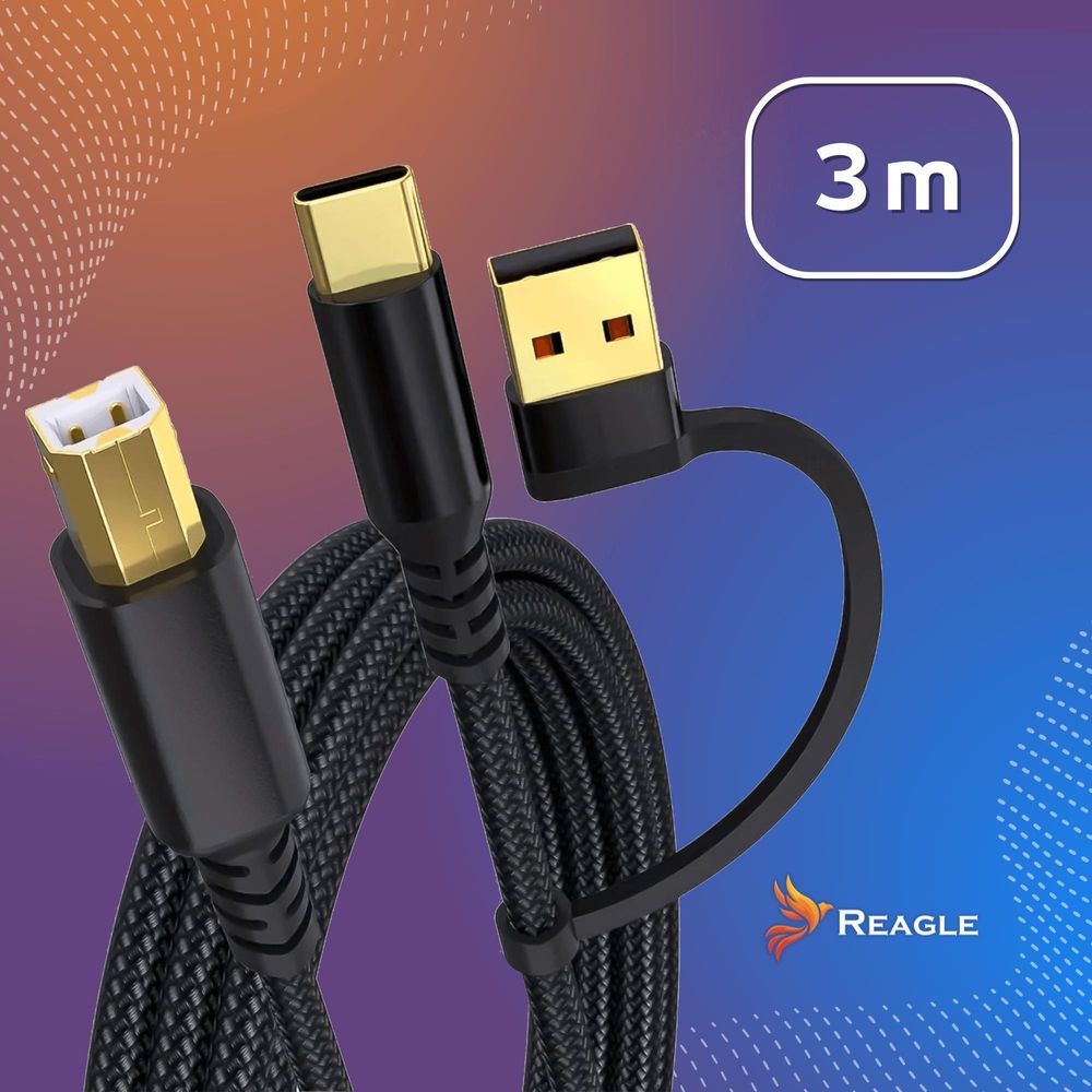 REAGLE USB KABEL FÜR DRUCKER 3M SCANNER 2IN1 USB-A USB-B HP BROTHER EPSON +USB-C Universelle Verbindung mit modernen und älteren Computern und Laptops