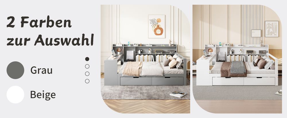 MODFU Schlafsofa Holzbett Kinderbett Jugendbett, 140*200 cm, Mit Schreibtisch Bücherregal Ablagefächern und Regalen, Mit Steckdose, Mit 2  Ablagefächern, Weiß  ohne Matratze