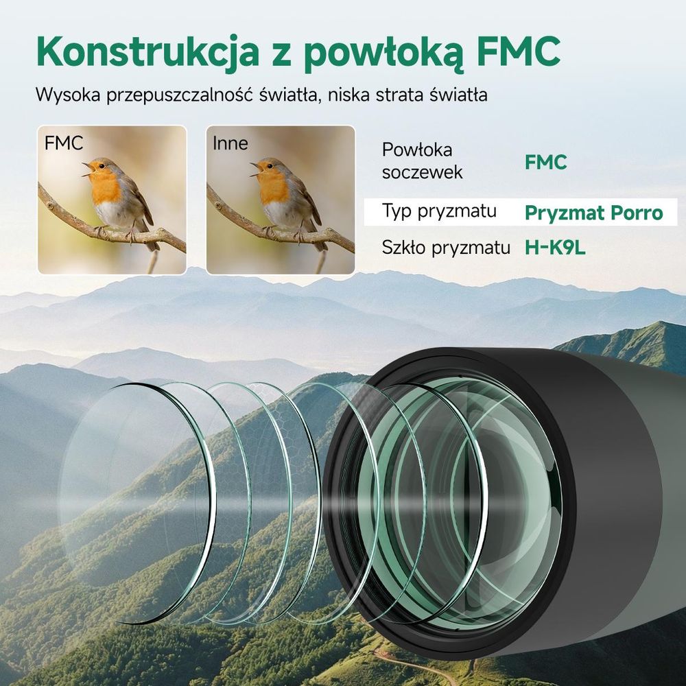 Svbony SV28A 25-75x100 mm Luneta obserwacyjna, Luneta celownicza, duże pole widzenia, pryzmat Porro H-K9L FMC, z adapterem do telefonu komórkowego