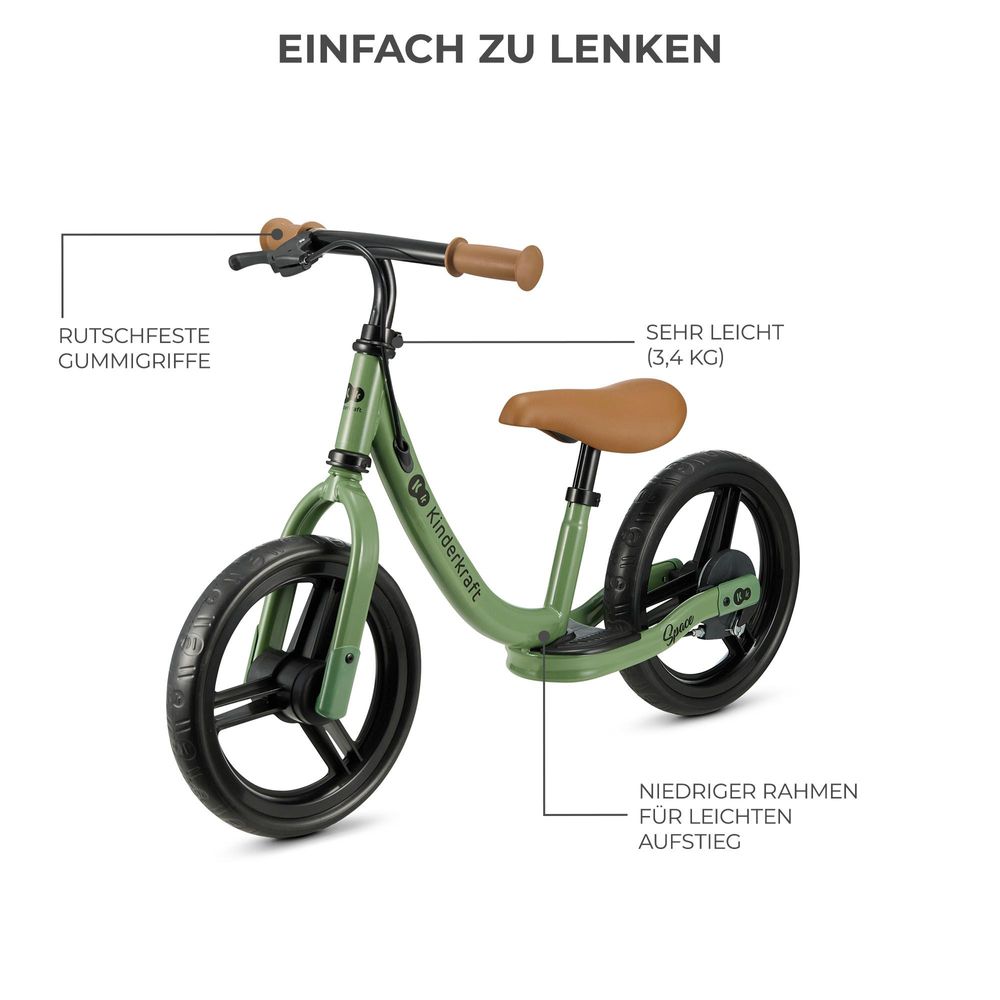 Kinderkraft SPACE Laufrad - Leicht, mit Handbremse - EVA-Schaumstoffräder - Verstellbarer Sattel und Lenker - Für Kinder ab 80 cm - Grün