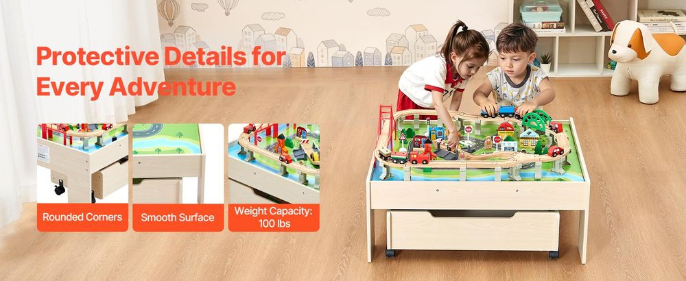 VEVOR Zugtisch, 120 mehrfarbige Holzstücke, Aktivitätstisch für Kinder mit zusammenklappbarem Aufbewahrungsbehälter, 3-in-1 Holz-Zugset zum Spielen, Zeichnen, Lesen, Essen, kreatives Spielzeugset für Kinder ab 3 Jahren, 31x25x13 Zoll