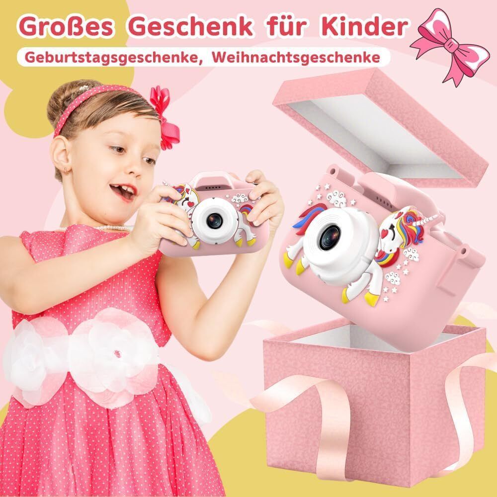 Kinderkamera, 1080P HD Kinder-Digitalkamera mit 32GB SD Kart, HD Video Eingebaut 5 Lernspiele, 8 facher Zoom, 44 Bilderrahmen und Filter, Geschenke