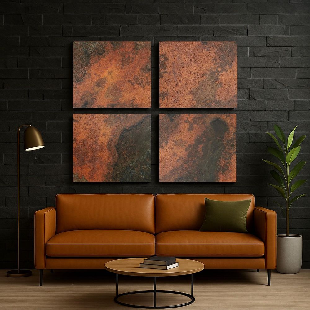 CopperAndCraft Kupfer Wandkunst 4er Set, Handgefertigtes Metallbild mit Patina, Rustikale und Moderne Wanddeko für Wohnzimmer Küche Kaminwand,