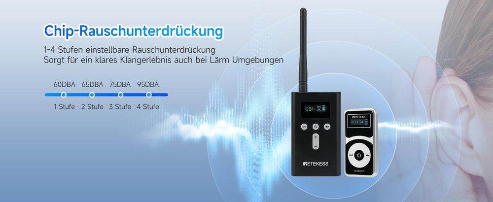 Retekess T130P Kabelloses Tour Guide System, Verbesserte Geräuschreduzierung, 160m,Typ-C Aufladung,Audiosystem mit 64-Steckplatz-Ladebox für Tourismus