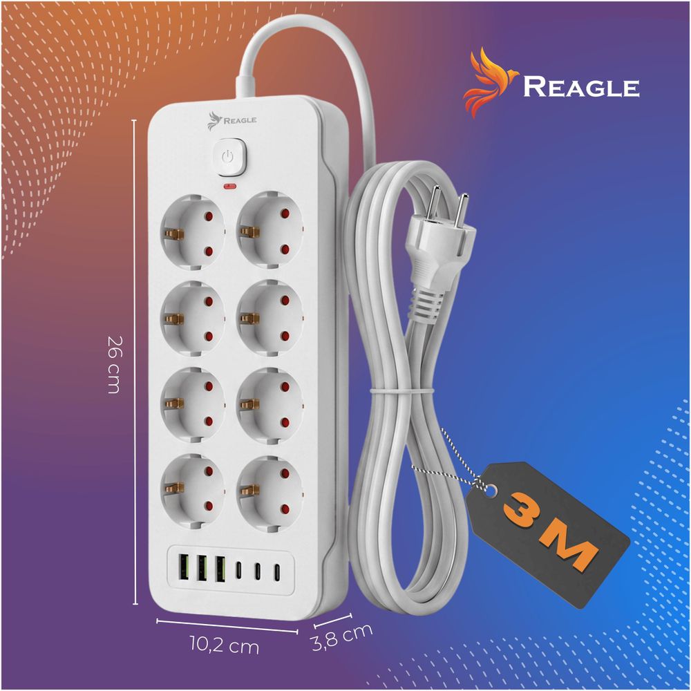 Reagle Steckdosenleiste 3m 8 Steckdosen 230V 6 USB Anschlüsse 3x USB A 3x USB C Power Strip mit Schalter Überspannungsschutz Weiß für Büro Heim