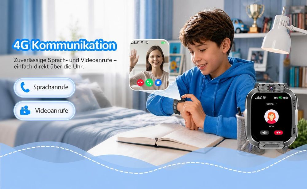 2026 4G Kinder Smartwatch mit GPS Telefon Video SOS für Jungen Mädchen Smartwatch 4-fache Ortung (GPS, WLAN, LBS, AGPS), Sicherheitszonen, Eltern App