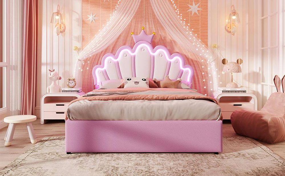 Merax Polsterbett 140x200cm, Prinzessinnenbett mit LED-Leuchten, Verstellbarem Kopftei, 2 Schubladen, Kronen-Design, PU, Kinderbett, Jugendbett, Rosa