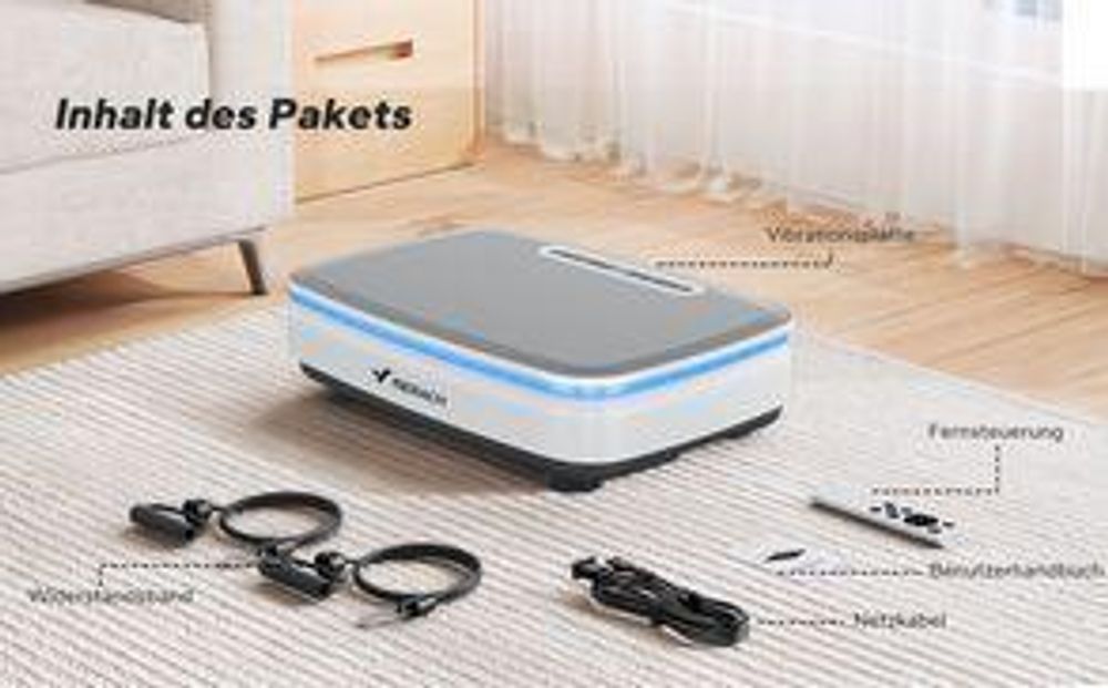 Vibrationsplatte mit 99 Stufen, 7 Programmen, LED, Fernbedienung, Bluetooth, Widerstandsbänder, 150W, Ganzkörpertraining & Formung, schwarz