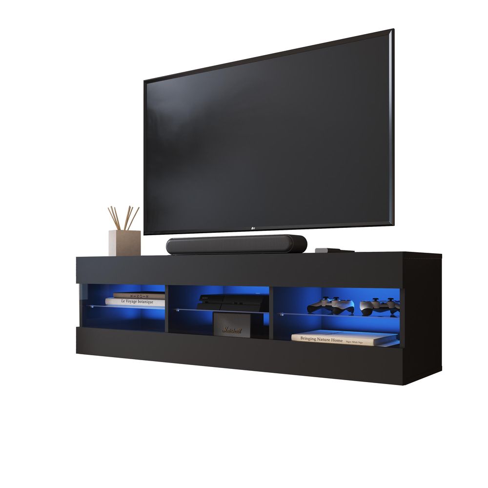 Komodee | Wohnwand Wohnzimmerset Tivoli Grande, Korpus Schwarz Matt Frontfarbe Schwarz Matt, LED Blau