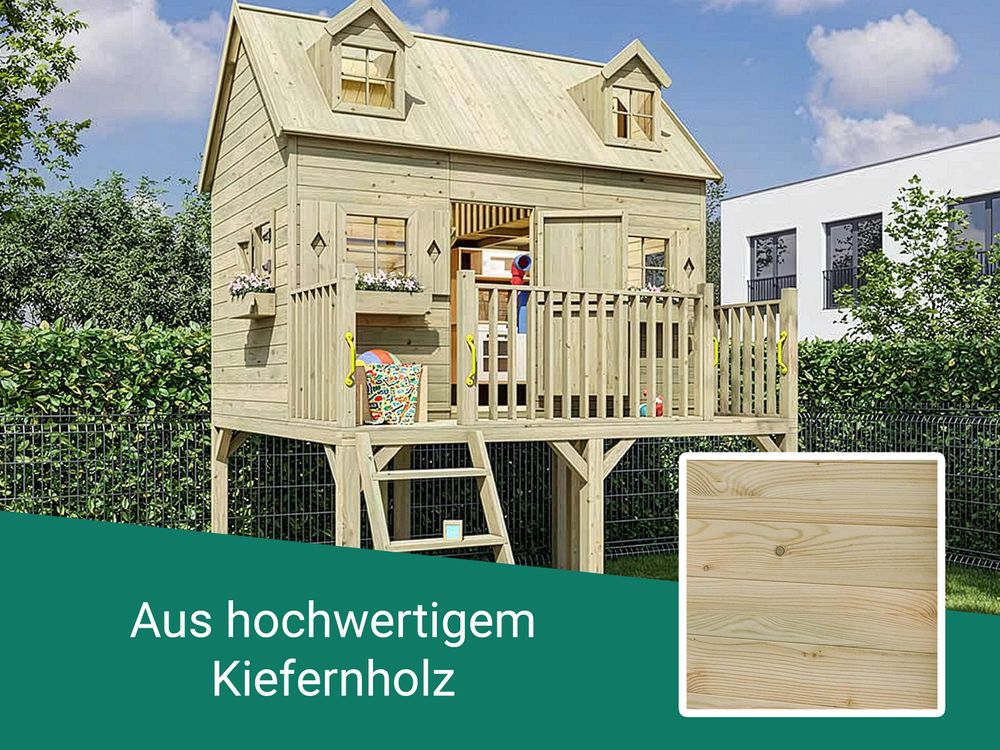 Stelzenhaus Madrid aus kesseldruckimprägniertem Profilholz, Podest 120 cm, B 2,48 m, H 3,596 m, mit Schlafboden, erweiterbar