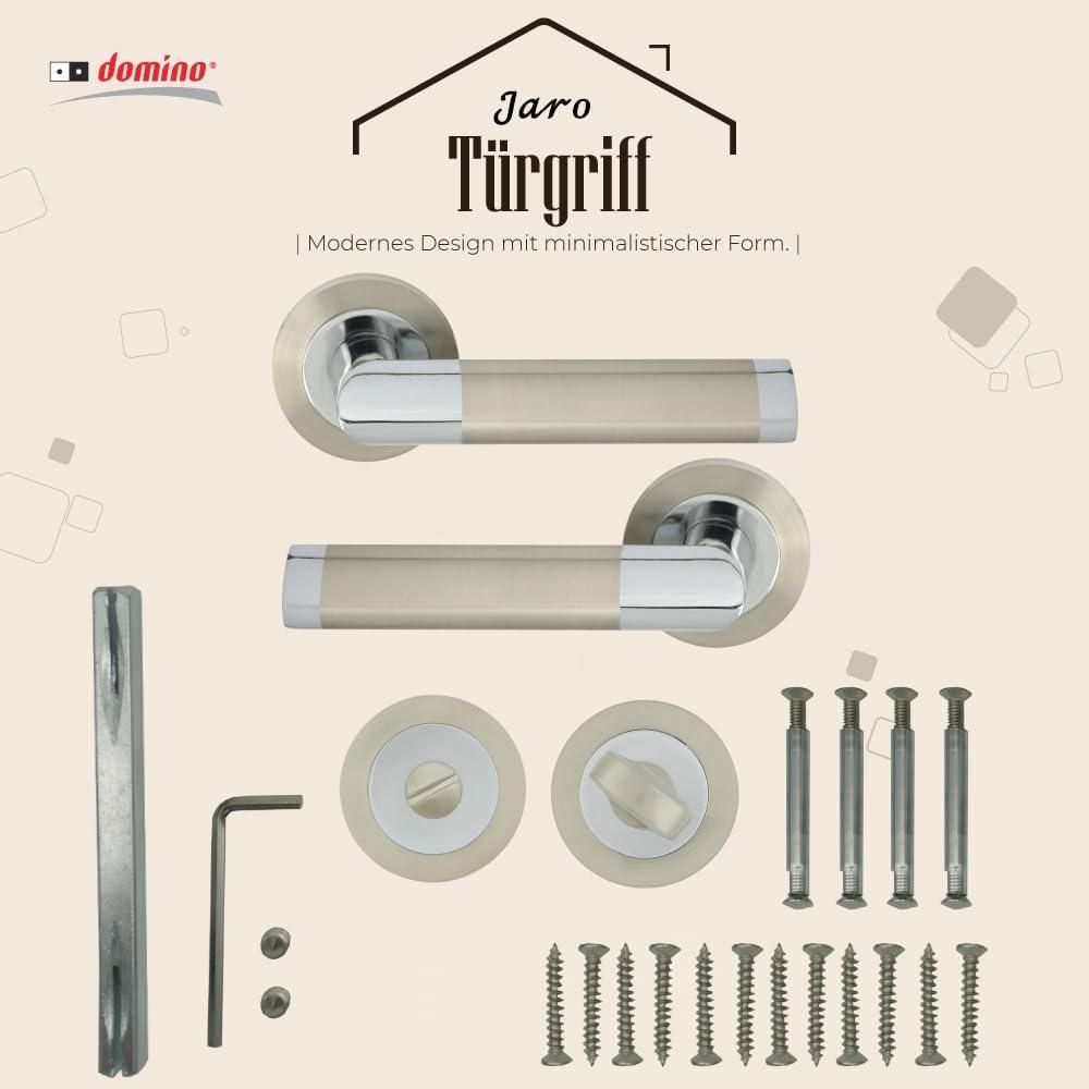 DOMINO Türgriff Drückergarnitur WC -Badezimmer Set | Rund-Rosette | Türklinke für Bürotür, Kellertür & Innentür | Türbeschläge aus Aluminium | Chrom/Nickel Türdrückergarnitur | JARO-R ECO M6/M9