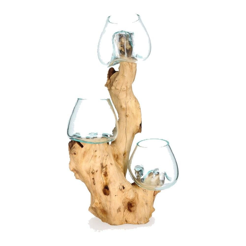 Wurzelholz-Skulptur mit 3 Glasgefäßen, ca. 55 cm: Helles Holz