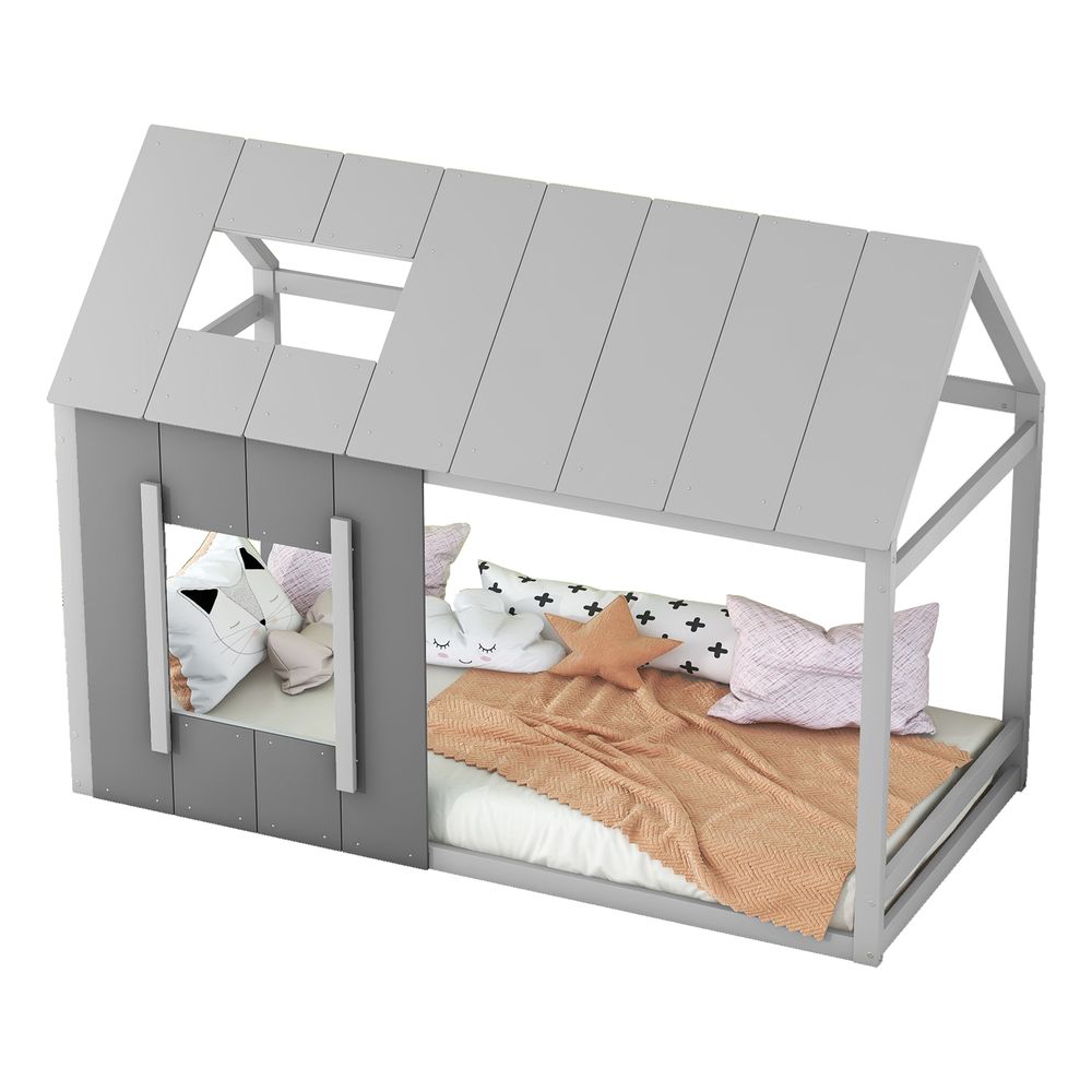 okwish 90 x 200 Kinderbett, Hausform-Kinderbett, Einfamilienhaus-Flachbett mit Dach und Fenster grau