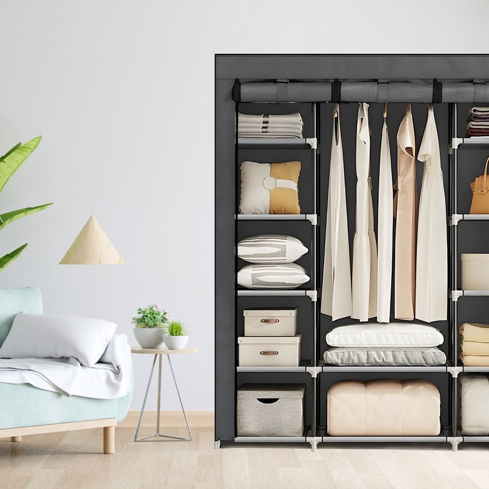 Faltschrank Kleiderschrank aus Stoff mit 2 Kleiderstangen und Ablagen 148x42x172,5 cm Schrank mit Reißverschluss Stoffschrank Faltbar Grau Retoo