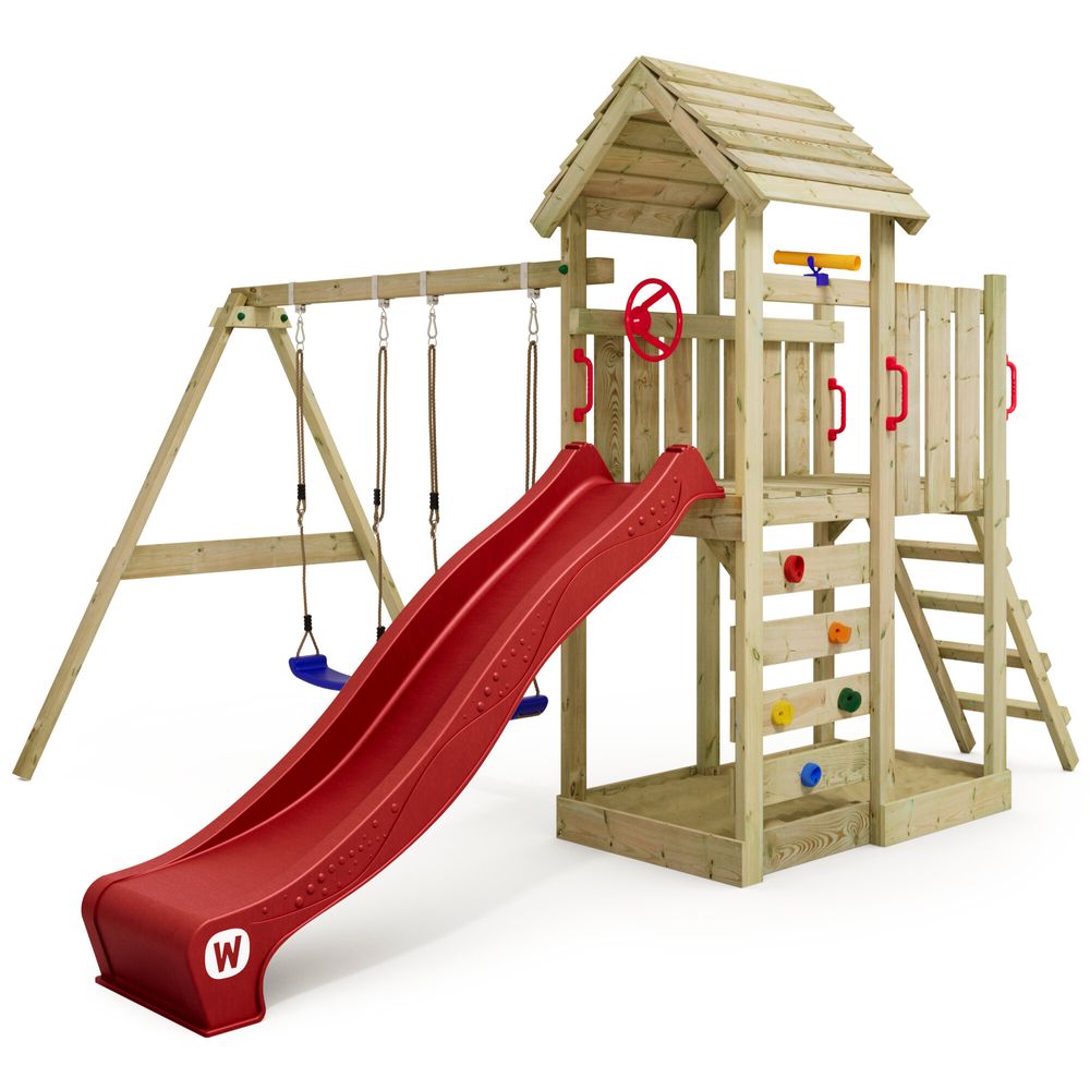 Spielturm Wickey MultiFlyer mit Holzdach und Schaukel in Rot