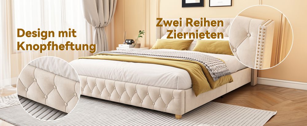 MODFU Polsterbett 160×200cm mit Lattenrost und Kopfteil, Doppelbett Jugendbett mit Holzbeine, Samt, Hellbeige(Ohne Matratze)