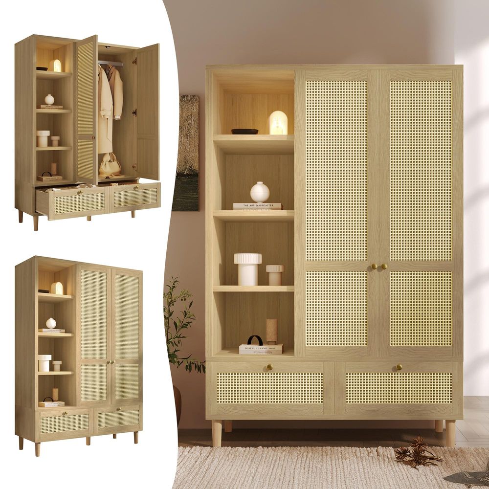 Merax Kleiderschrank mit 2 Türen und 2 Schubladen, Schlafzimmerschrank Kleiderstange mit Rattan-Flechten und offene Ablage, Garderobenschrank, Eiche