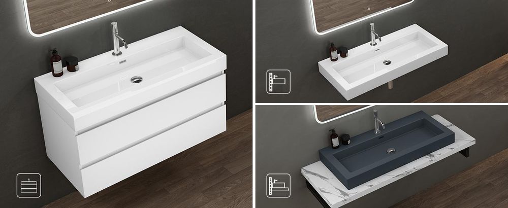 doporro Design Aufsatzwaschbecken Hängewaschbecken Waschbecken Weiß BTH 100x42x10 cm Waschtisch aus Mineralguss Colossum06