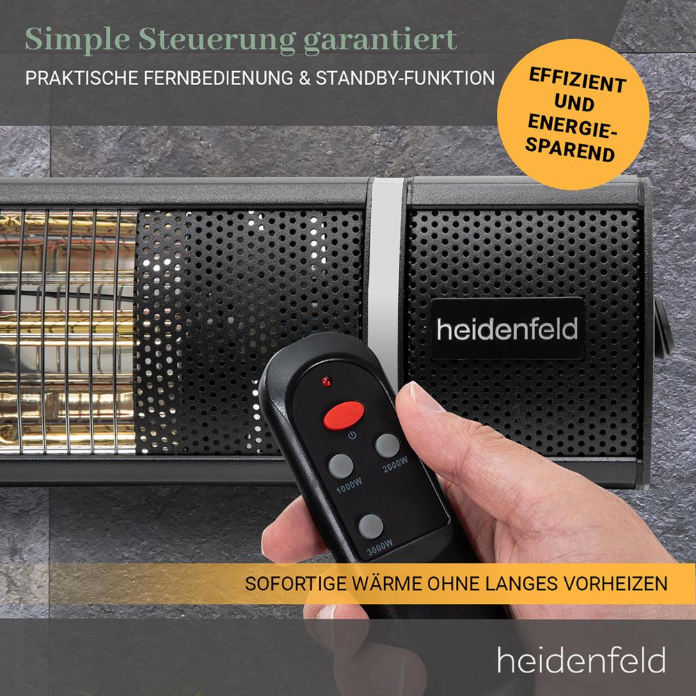 Heidenfeld Infrarot Heizstrahler IH110 | 3 Heizstufen - 180 Grad neigbar - Terrassenstrahler - Infrarotstrahler - Elektroheizung - 1000 - 3000 Watt
