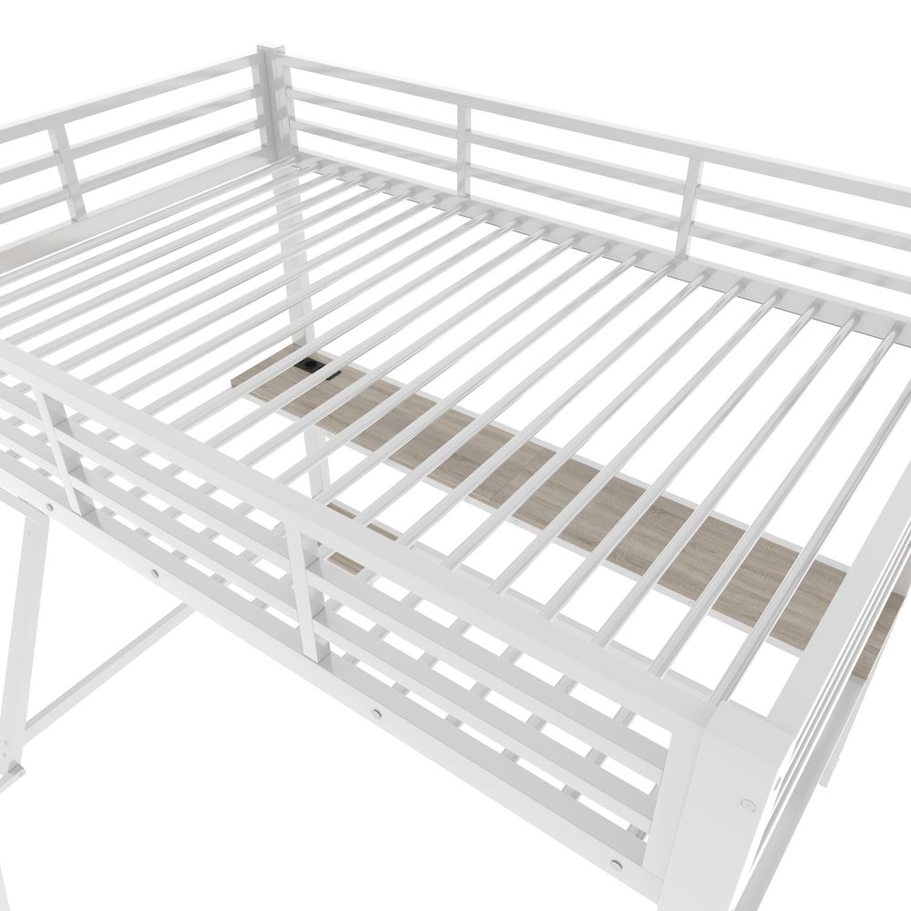 MODFU  Hochbett, 90x200cm  Kinderbett  Metallbett Jugendbett fernbedienbares Ambientelicht, Computerkonsolenablage, Schreibtisch, Steckdose+USB, Geländer, Treppe, Ohne Matratze, Weiß