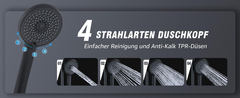 Duschsystem Regendusche Duschset mit Überkopfbrause Handbrause 2 Filter, Duschsäule mit Umsteller, Edelstahl, Vier Wassersprühfunktionen, Schwarz