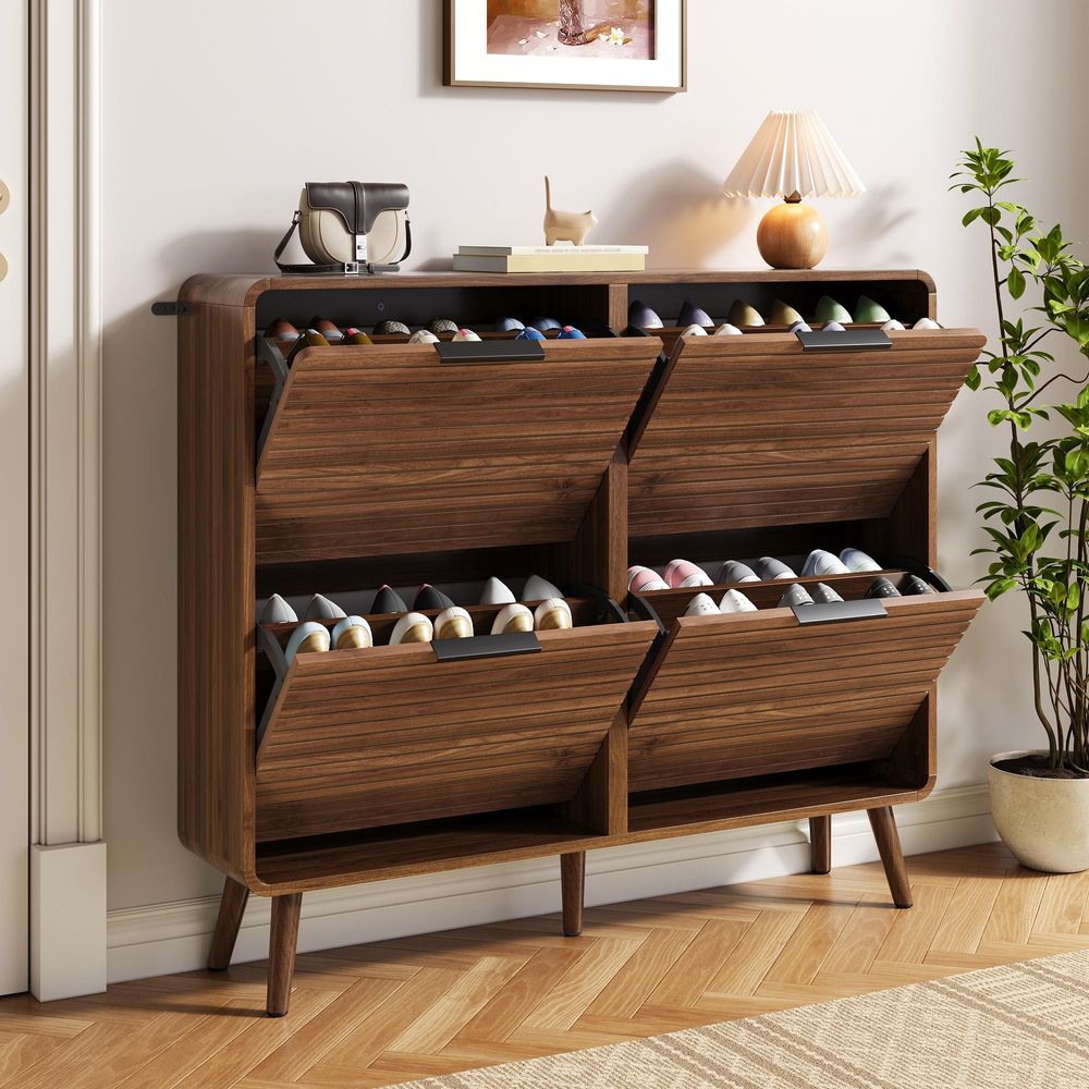 Merax Schuhschrank Schuhkipper mit 4 Klappen, Schuhaufbewahrung für 18–24 Paar Schuhe, Moderner Schuhregal mit Lamellendesign, MDF, Nussbaum