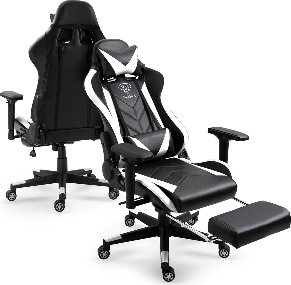Gaming Stuhl mit Fußstütze und ergonomsichen 4D-Armlehnen gaming chair in ergonomischer Sportsitz Optik Gamer Stuhl mit verstellbaren Rückenstützkissen Bürostuhl,Farbe:Schwarz/Weiß