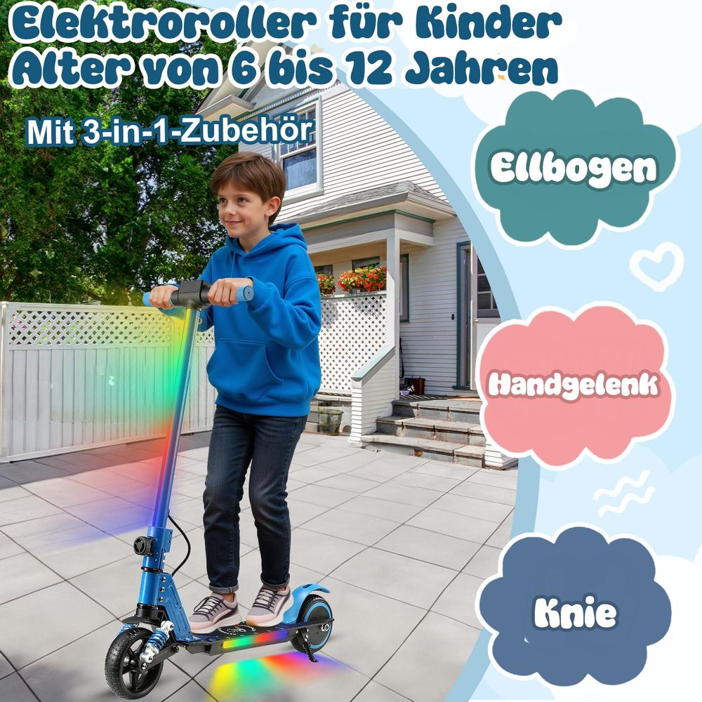 Elektroscooter Kinder Klappbar E-Scooter 14Km/h Mit LCD-Anzeige Stoßdämpfende Funktion LED-Beleuchtung Elektroroller Blau Kinderroller Für Kinder 6-12