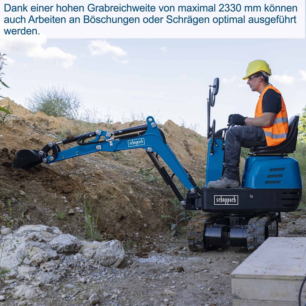 Scheppach Benzin Mini-Bagger EXC815 inkl. Baggerdach & Böschungslöffel 70cm & Baggerdaumen - 8,5 PS | 2330mm Grabweite | 690mm Breite | Kettenantrieb
