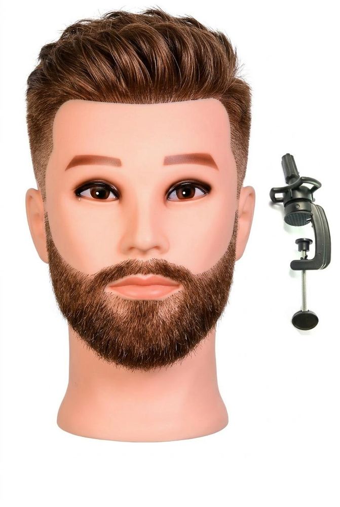 Friseurkopf Herren James Brown - 40cm Echthaar Trainingskopf mit Bart & Halterung