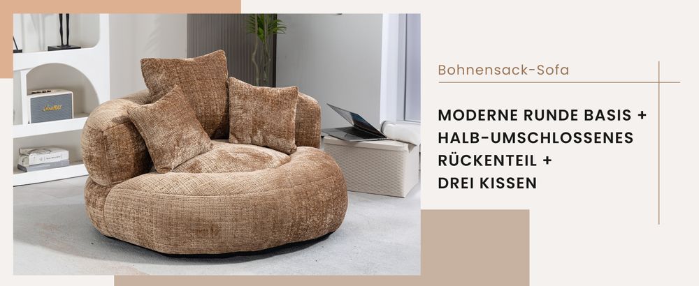 MODFU Lazy Sofa Sitzsack Schlafsofa  Relaxsessel Posterstuhl,Extrabreit mit 3 Kissen,Kaffee Chenille