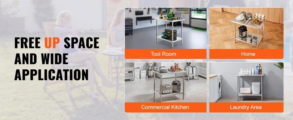 VEVOR Edelstahl Vorbereitungs Tisch, 24 x 24 x 34 Zoll, Schwerlast Metall Arbeitstisch mit 3 verstellbaren Höhenstufen, Gewerbliche Arbeitsstation für Küche Garage Restaurant Garten, 610x914x864 mm