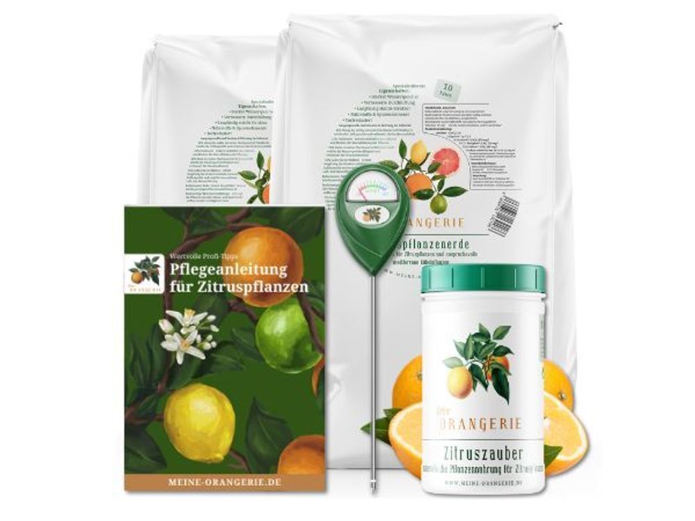 Meine Orangerie Zitrus-Pflegepaket Mezzo: Beste Zitruserde + starker Zitrusdünger + nützlicher Feuchtigkeitsmesser + hilfreiche Pflegebroschüre