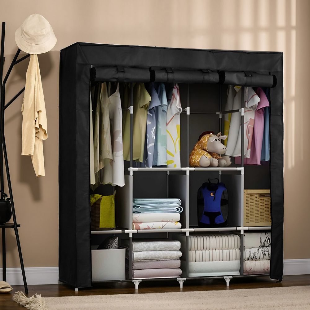 Stoffschrank 165x170x45 cm mit Kleiderstange Faltschrank Reißverschluss Seitentasche Kleiderschrank Fächern Steckschrank Textil Garderobe Retoo