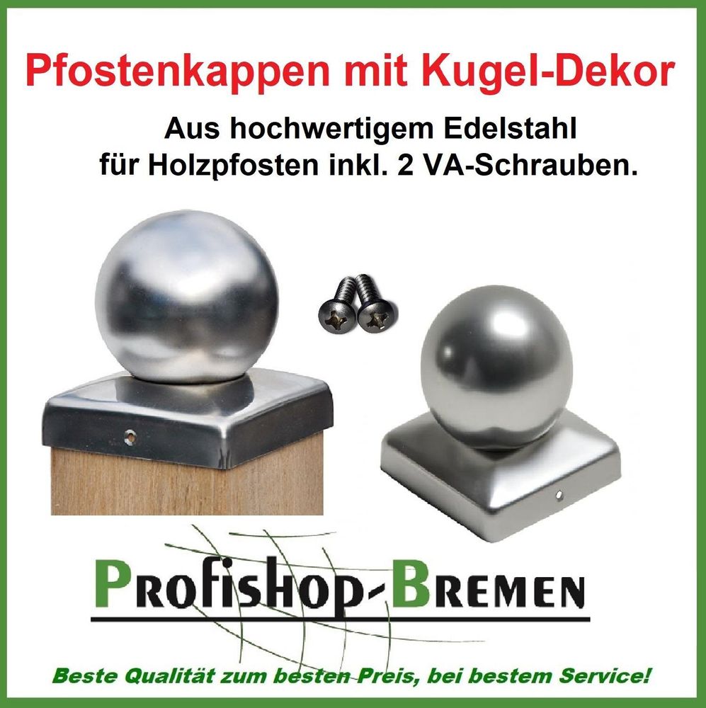 Pfostenkappe Edelstahl mit Kugel für Pfosten 14x14 cm, inkl. 2x Edelstahl-Schrauben - Zaunkappe Zierkappe rostfrei 141x141 mm