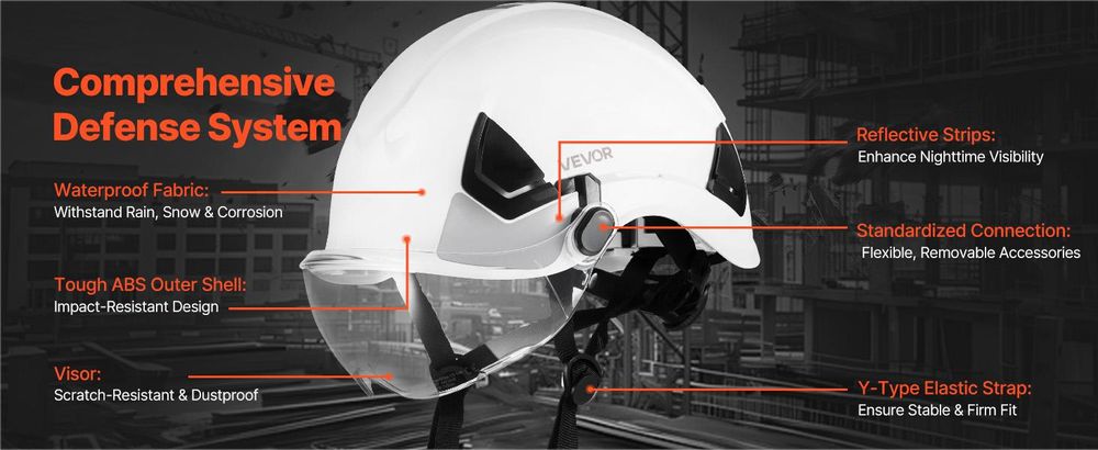 VEVOR Industrieschutzhelm, ANSI/ISEA Z89.1 genehmigter ABS-Harthelm mit Visier und Ohrenschützern, 6-Punkt-Ratschenaufhängung, verstellbarer belüfteter Harthelm für Männer und Frauen, für Outdoor-Bauarbeitskleidung, Mit Brille-a, Ohne Ohrstöpsel
