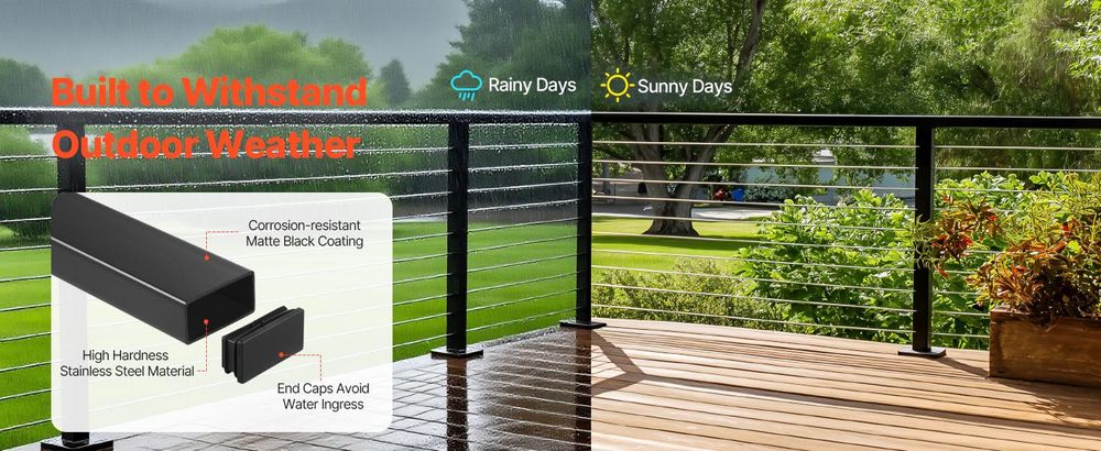 VEVOR Balkon Geländer aus Edelstahl, 4er-Pack, rechteckiger Handlauf für Treppendecks oben für Außen-/Innenstufen mit Endkappe, mattschwarze Beschichtung, Kabelgeländer-Set, 50x25x1981 mm