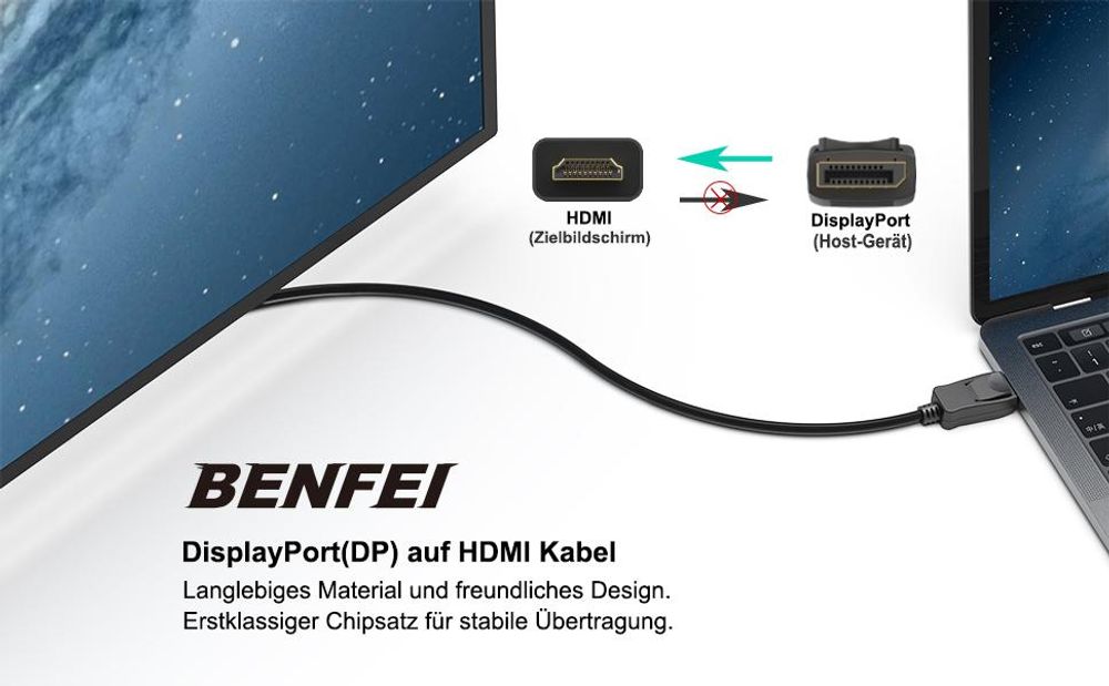 BENFEI Kabeladapter 4K DisplayPort auf HDMI Kabel 1,8M, DP 1.2 zu HDMI 1.4