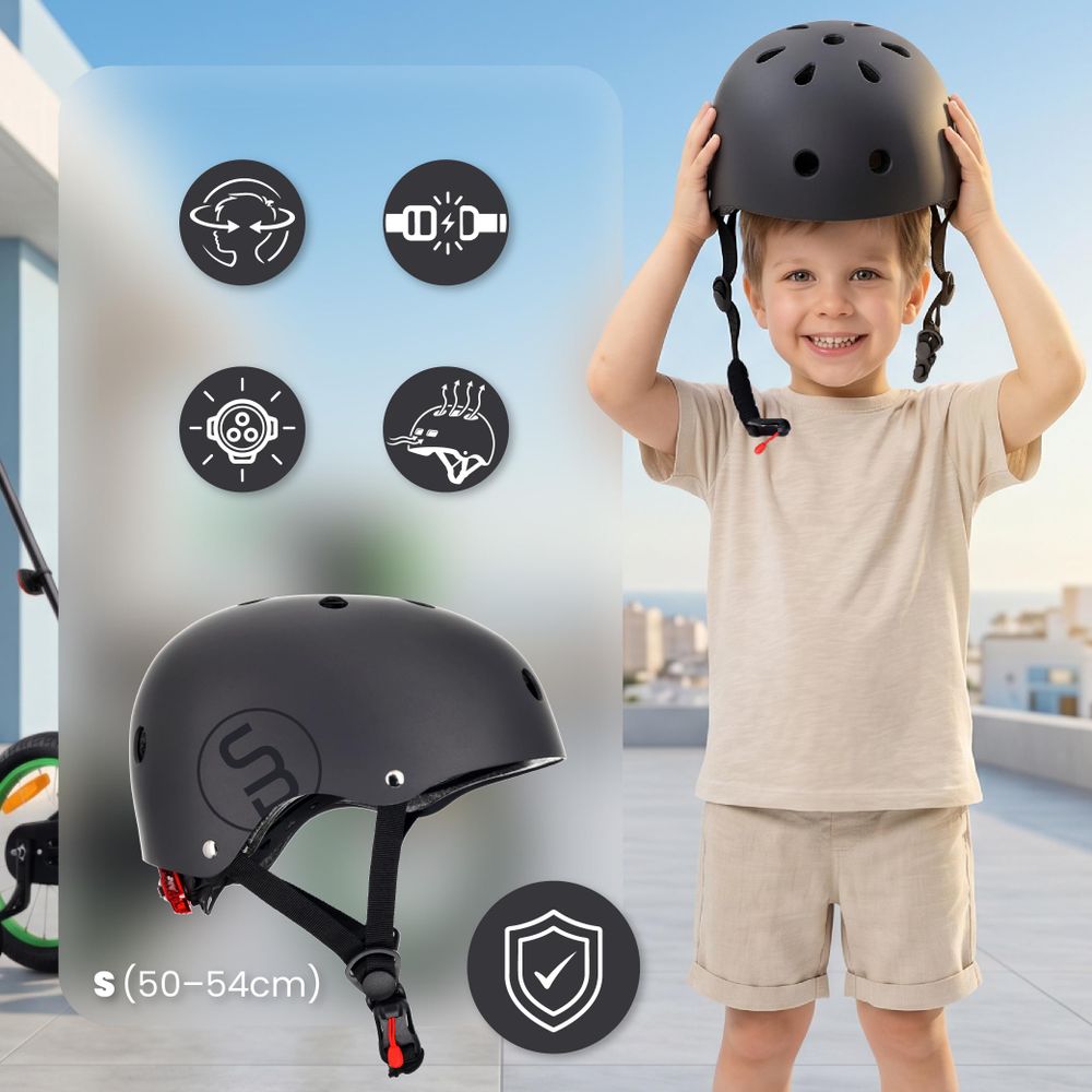 Kind mit Helm, daneben Symbole für Größenverstellung und Komfort.