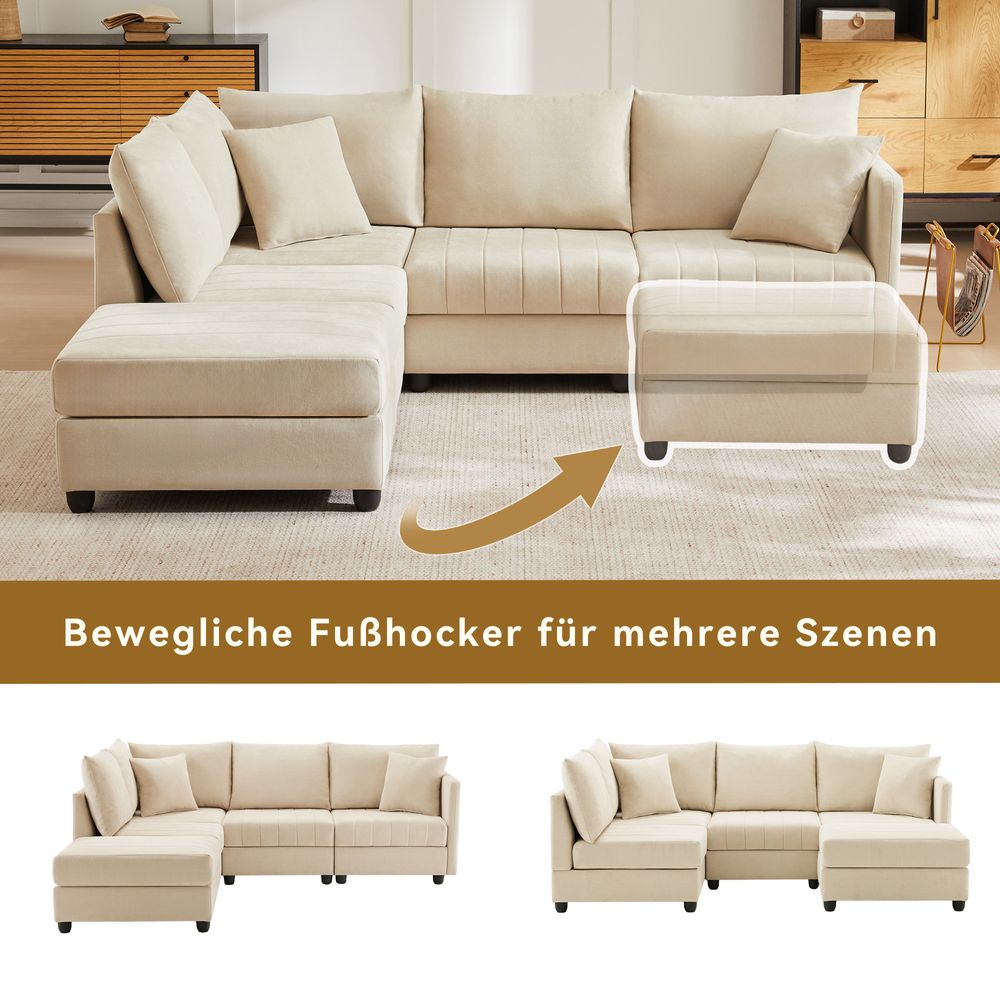 Merax Ecksofa 5-Sitzer, Schlafsofa mit umwandelbarem Hocker 1 Teile, Modulare Sofa L-förmiges/U-förmiges Couch Polstersofa Baumwoll-Leinen, Beige