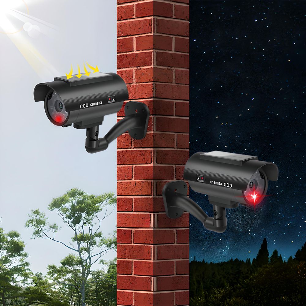 Kamera Attrappe Solar mit LED Blinklicht Dummy Alarm  Fake Überwachung Überwachungskamera Innen und Außen Alarmanlage Schwarz Retoo