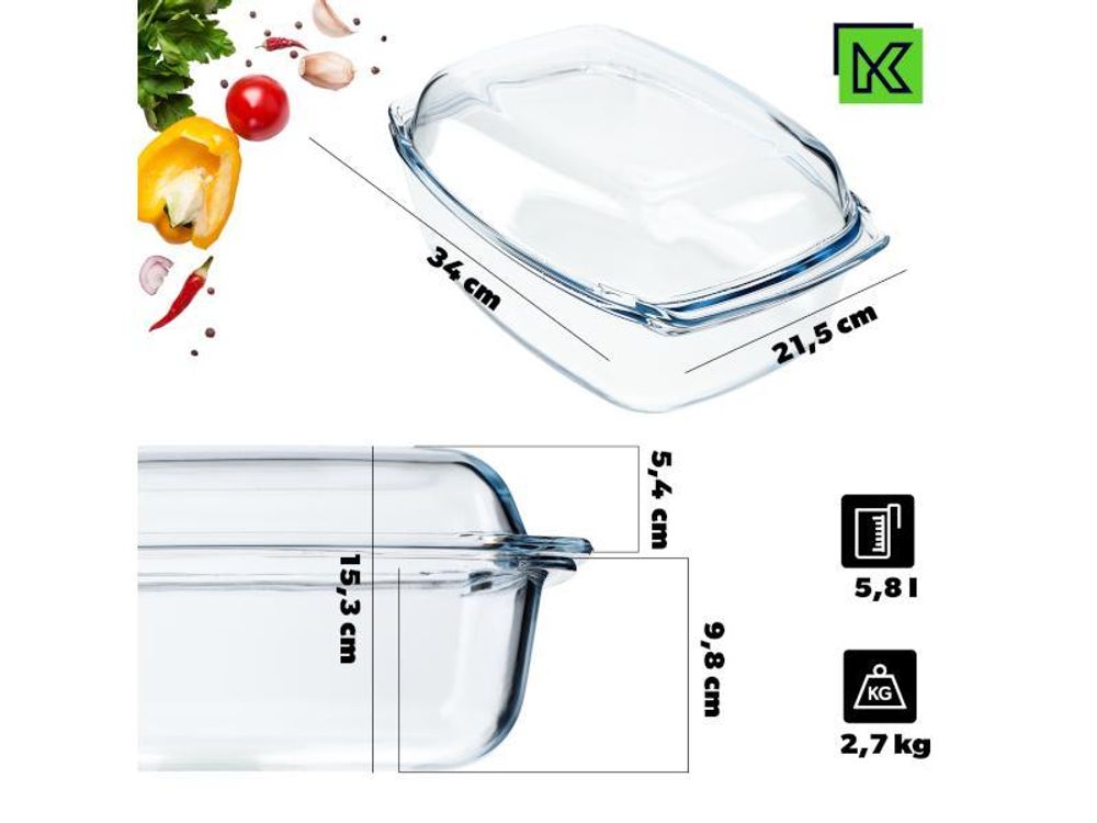 KADAX Glasbräter "Acri", Auflaufform mit Deckel, feuerfestes Gefäß, Glasauflaufform, Rechteckig, 5.8L