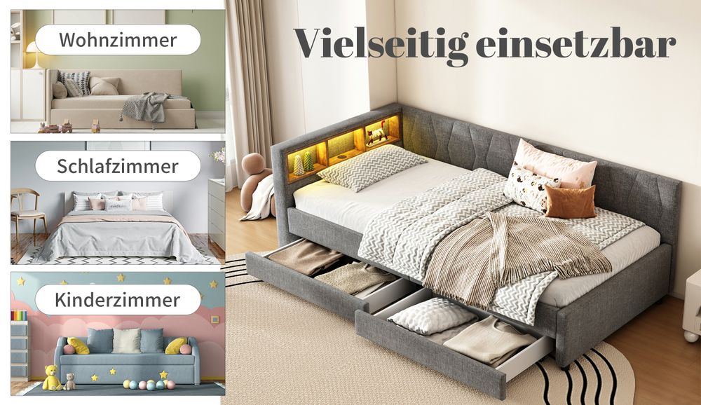 okwish Schlafsofa Tagesbett 90*200cm, Daybett- Ablagefach, USB+Typ C für LED-Umgebungslicht, Bett mit zwei Schubladen,(ohne Matratze), Grau