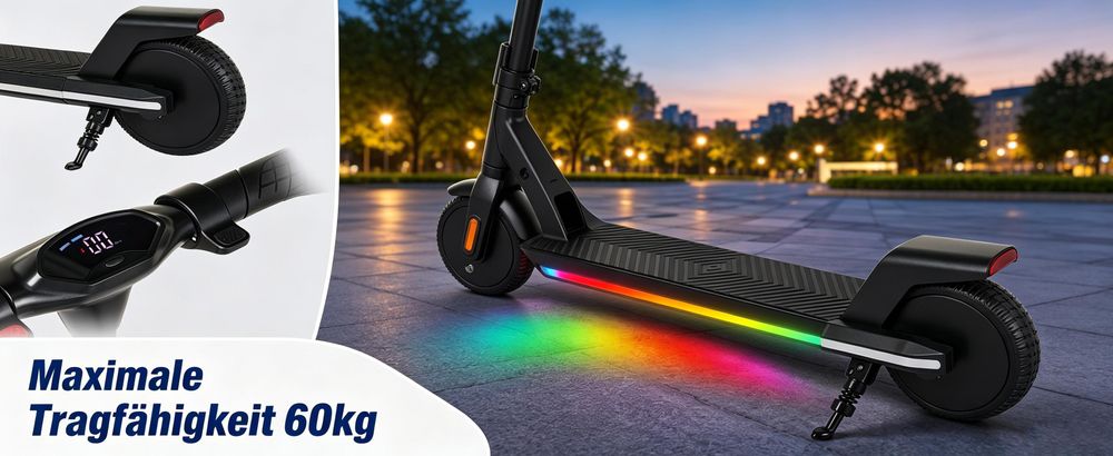 Elektroroller Für Kinder Alter 8-16, Faltbar E-Scooter, 20 km Reichweite, 20km/h, 200W, Höhenverstellbar, LED, Jugendliche Elektroscooter Schwarz