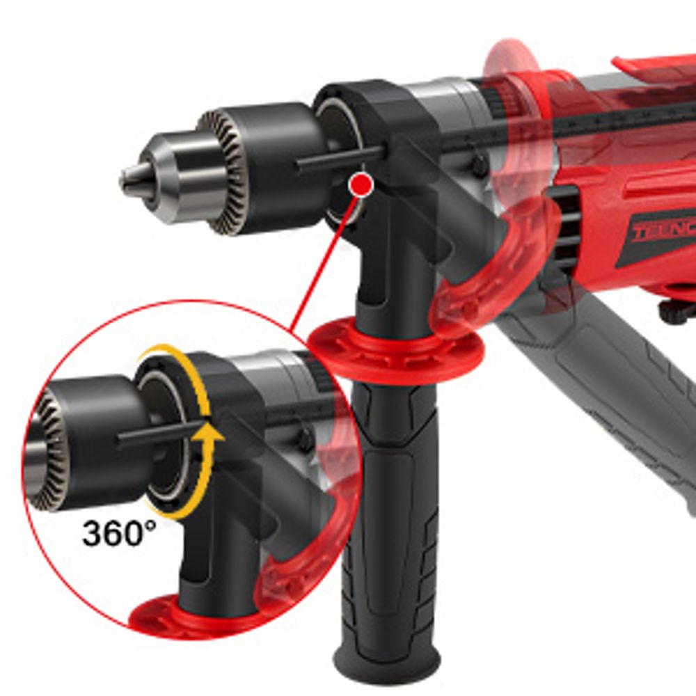 TEENO Schlagbohrmaschine 910 W mit Kabel, 0–3000 U/min mit 38 Zubehör, Variabler Geschwindigkeitsknopf