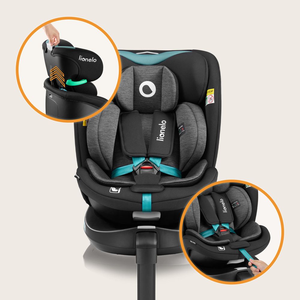 Lionelo Kindersitz Navy i-Size 360° EasyTurn-Drehbasis, 40-150 cm, Montage mit ISOFIX und einem Stützfuß, R129-Norm - Schwarz Turquoise