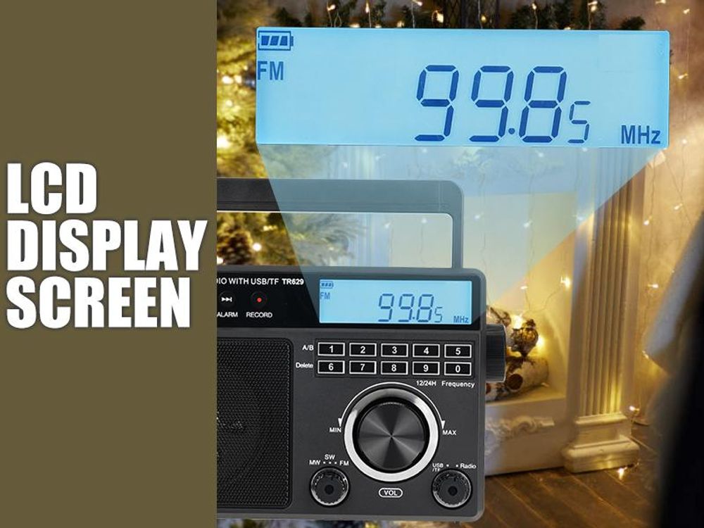 Retekess TR629 Přenosné rádio, nouzové rádio AM FM SW World Receiver s DSP, podporuje U disk/SD kartu, hodiny, budík, rádio na baterie, dárky pro seniory