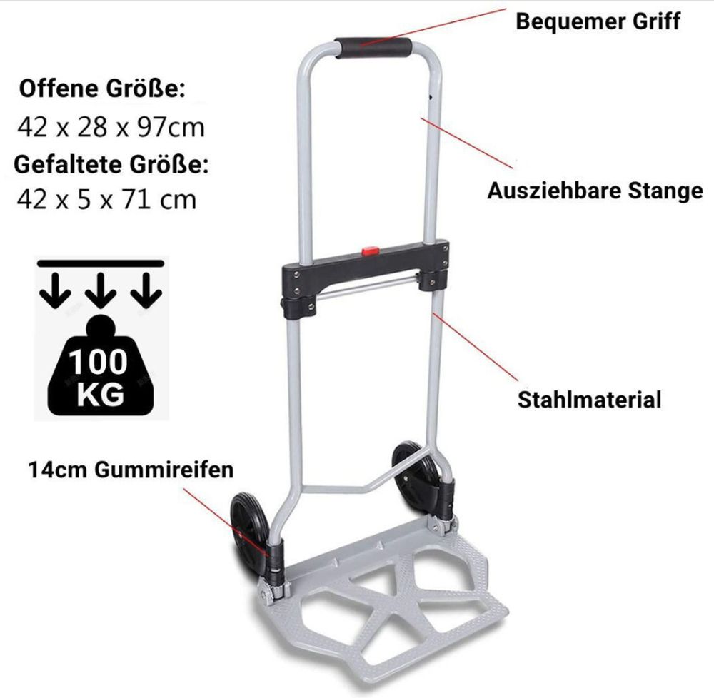 Aluminium-Klappkarre (120kg) , Sackkarren mit Treppensteiger, Hartgummireifen, Stahlrahmen & höhenverst Griff